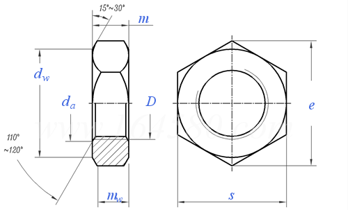 Hex Jam Nut technical drawing