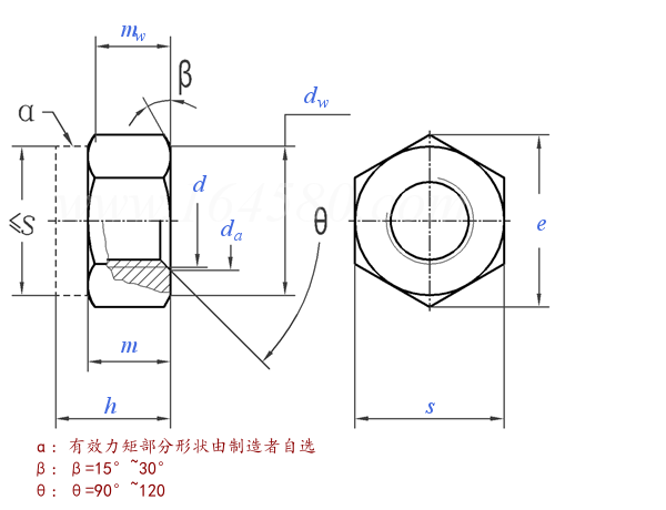 Hex Nylon Nut technical drawing